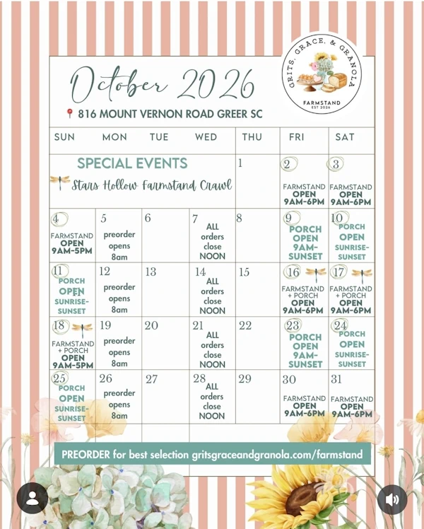 October 2026 Farmstand schedule